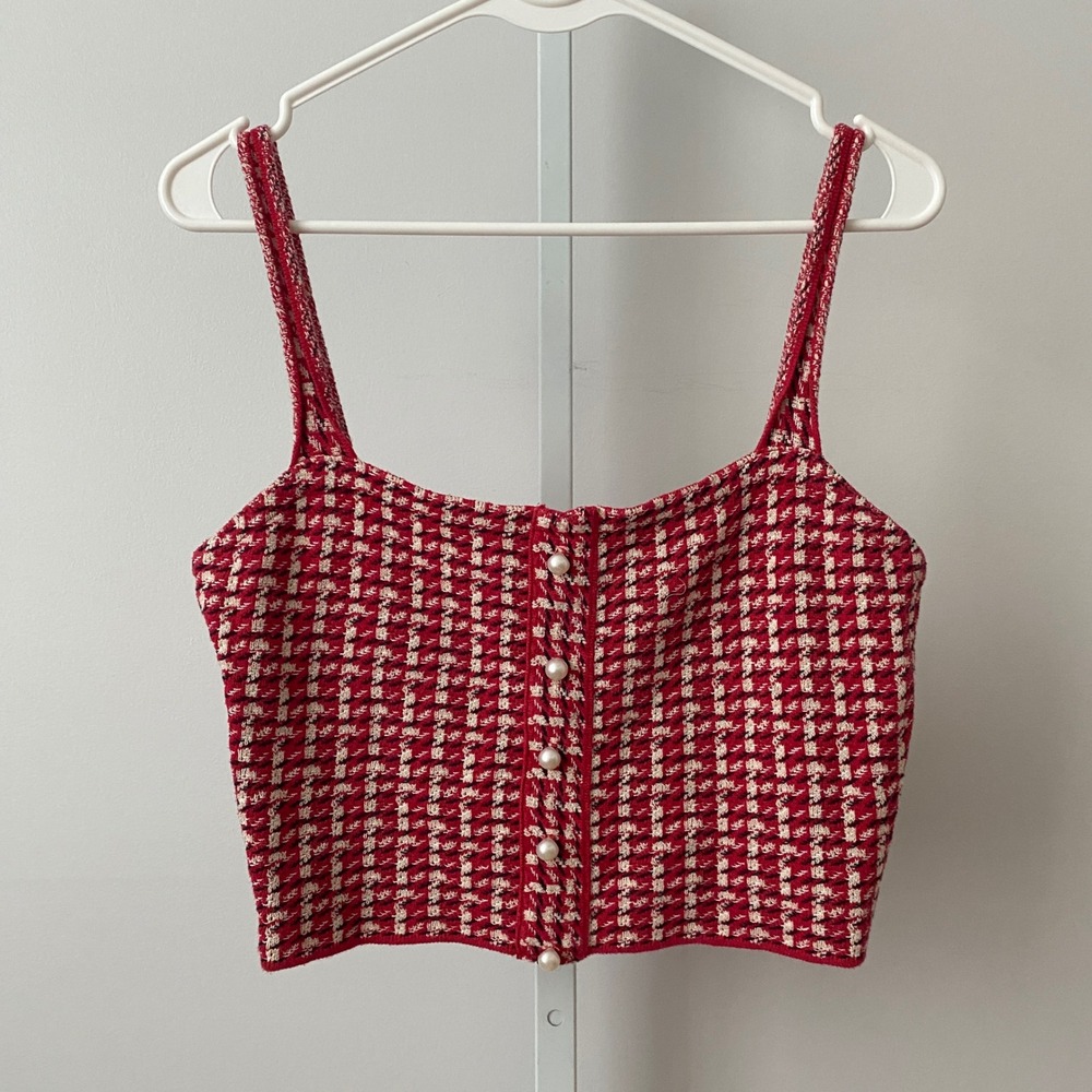 Sandro Cotton Tweed Office Siren Academia Pearl Button Knit Crop Tank Top 1 Red